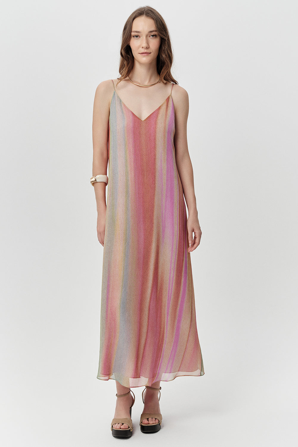 V Yaka Askılı Astarlı Regular Midi Çok Renkli Elbise