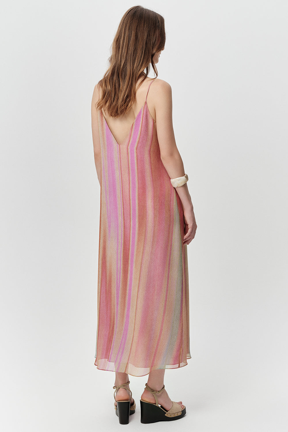 V Yaka Askılı Astarlı Regular Midi Çok Renkli Elbise