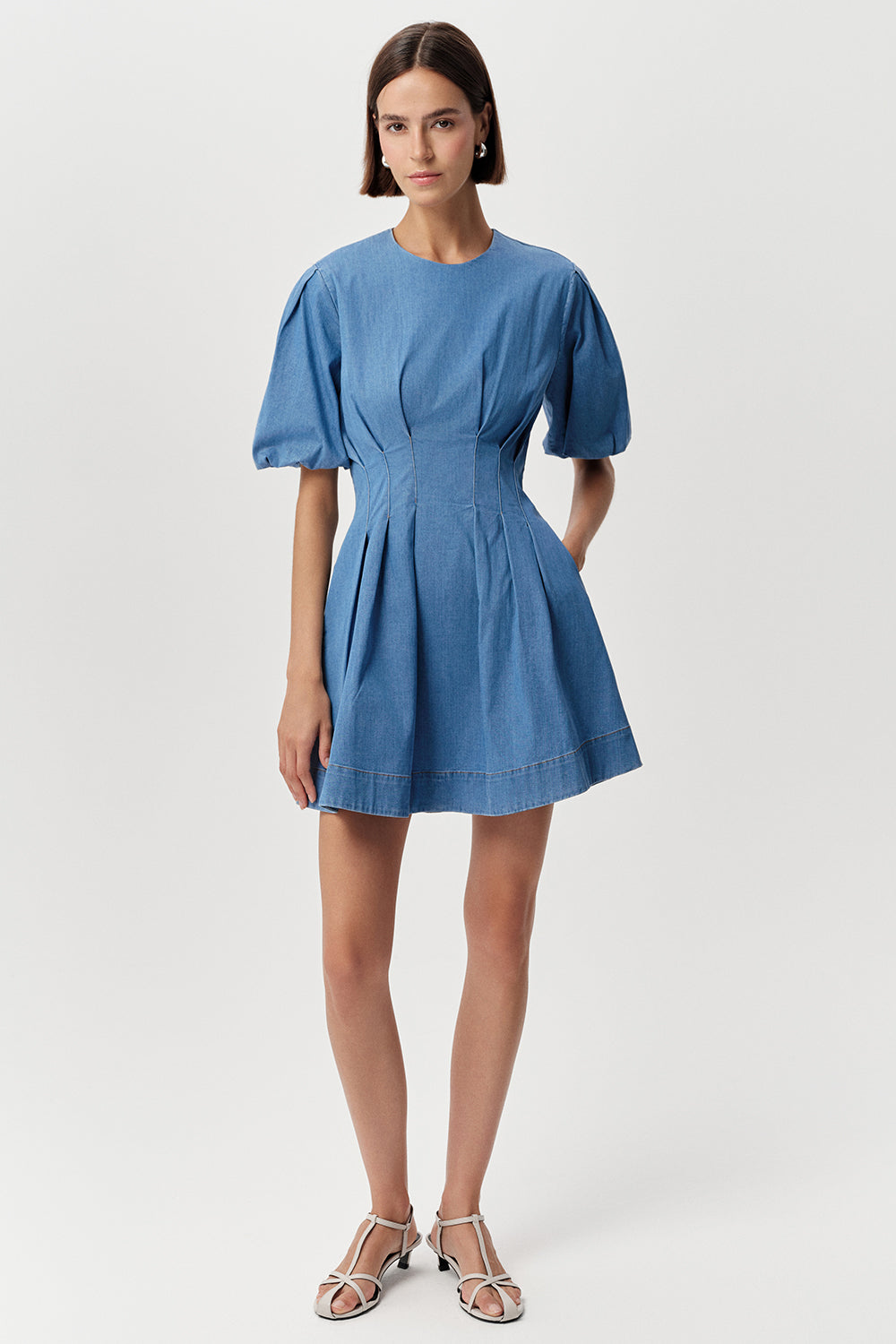 Bisiklet Yaka Kısa Kollu Bele Oturan Regular Mini Mavi Elbise