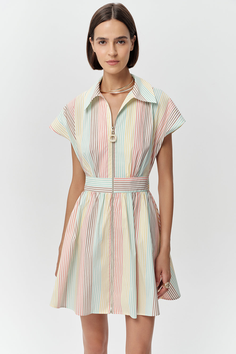 Kısa Kollu Gömlek Yaka Cepli Mini Regular Çok Renkli Elbise
