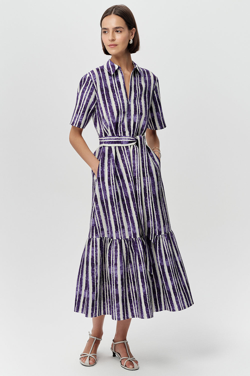 Gömlek Yaka Kısa Kollu Regular Midi Saks Kemik Elbise