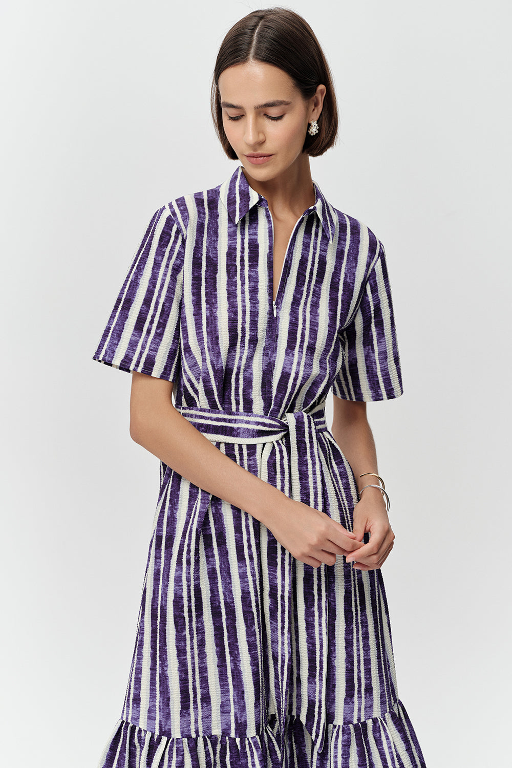 Gömlek Yaka Kısa Kollu Regular Midi Saks Kemik Elbise