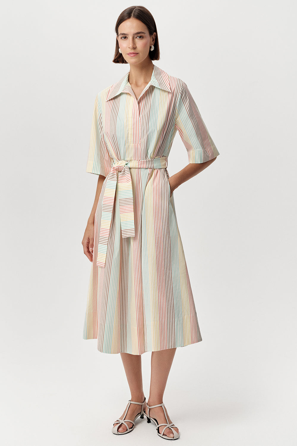 Gömlek Yaka Truvaker Kol Kuşaklı Regular Midi Çok Renkli Elbise