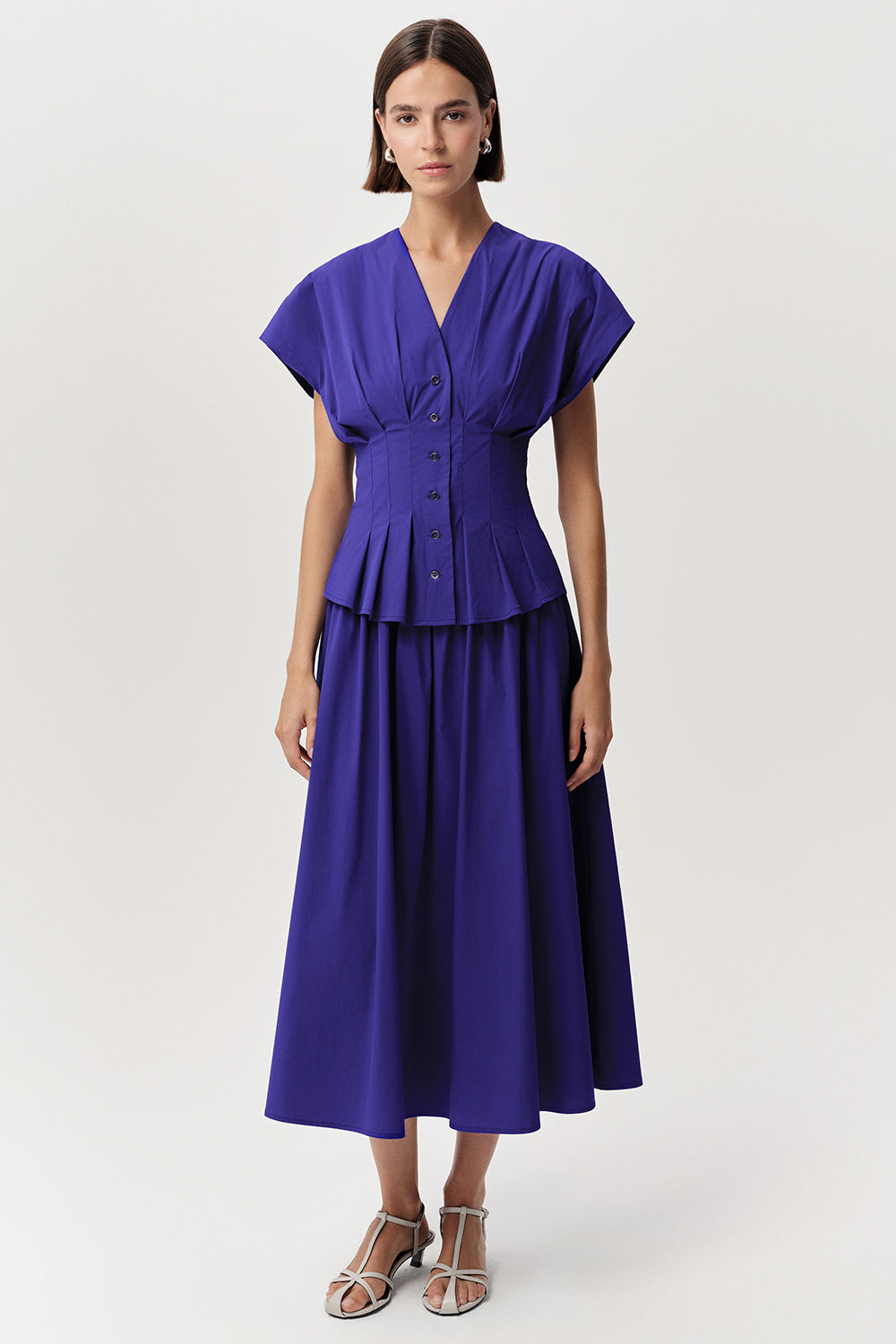 V Yaka Bele Oturan Kısa Kollu Regular Midi Saks Elbise