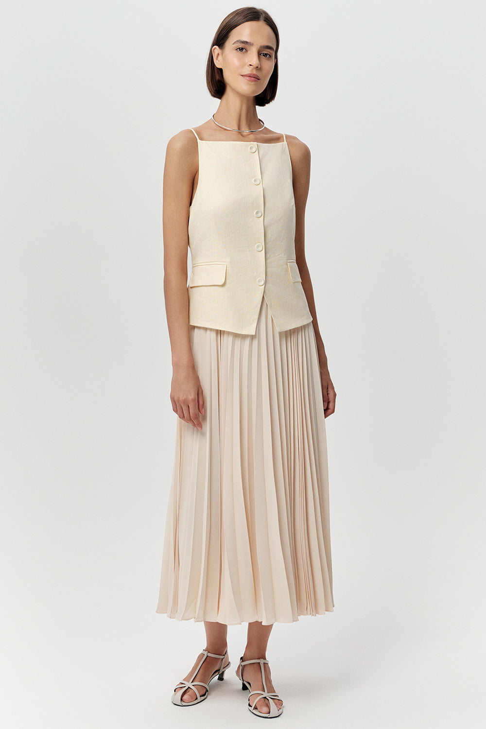 Kolsuz Pliseli Keten Garnili Regular Midi Tereyağı Elbise