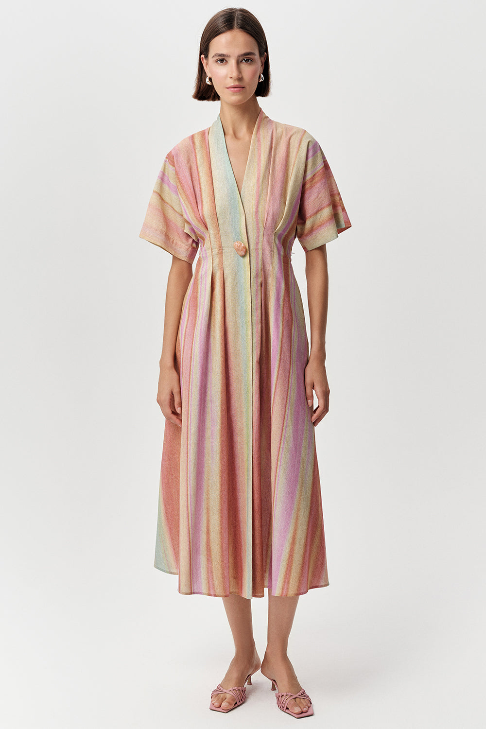 Kısa Kollu V Yaka Keten Karışımlı Regular Midi Çok Renkli Elbise