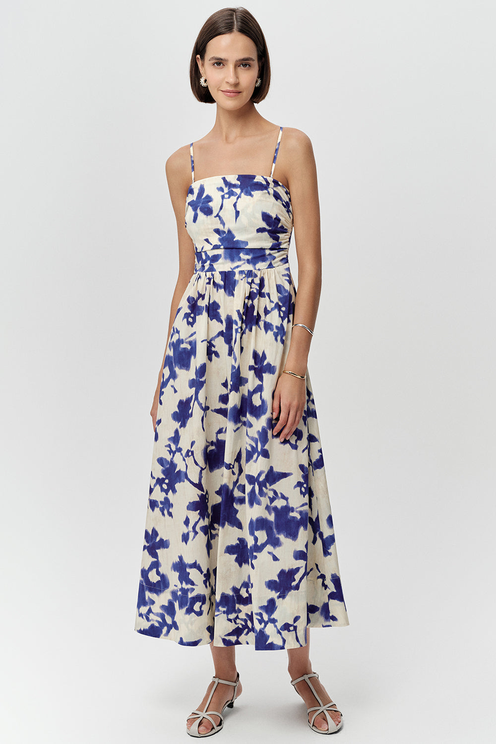 İp Askılı Cepli Bele Oturan Slim Fit Midi Saks Kemik Elbise