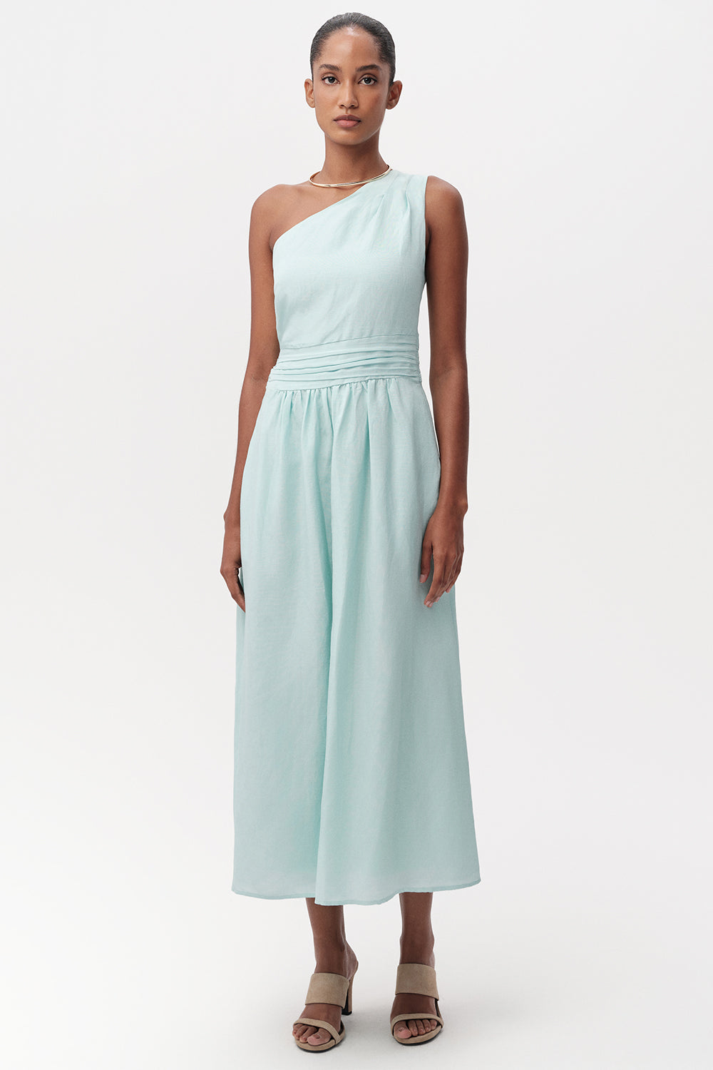 Bele Oturan Keten Karışımlı Regular Midi Turkuaz Elbise