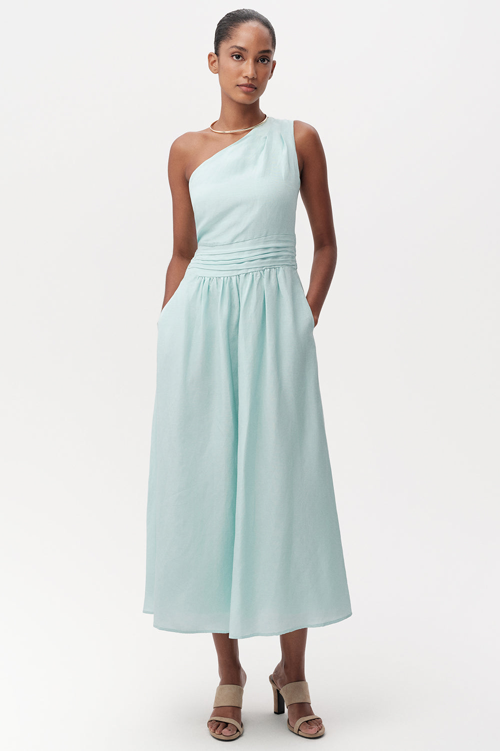 Bele Oturan Keten Karışımlı Regular Midi Turkuaz Elbise