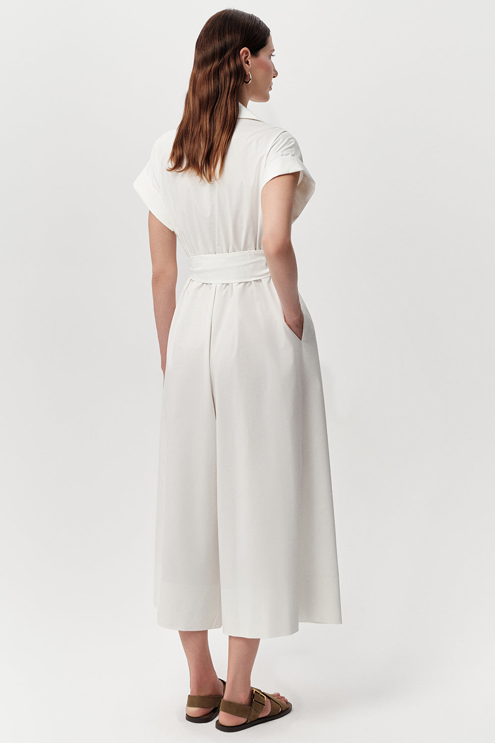 Gömlek Yaka Kısa Kollu Cepli Kuşaklı Midi Regular Kemik Tulum