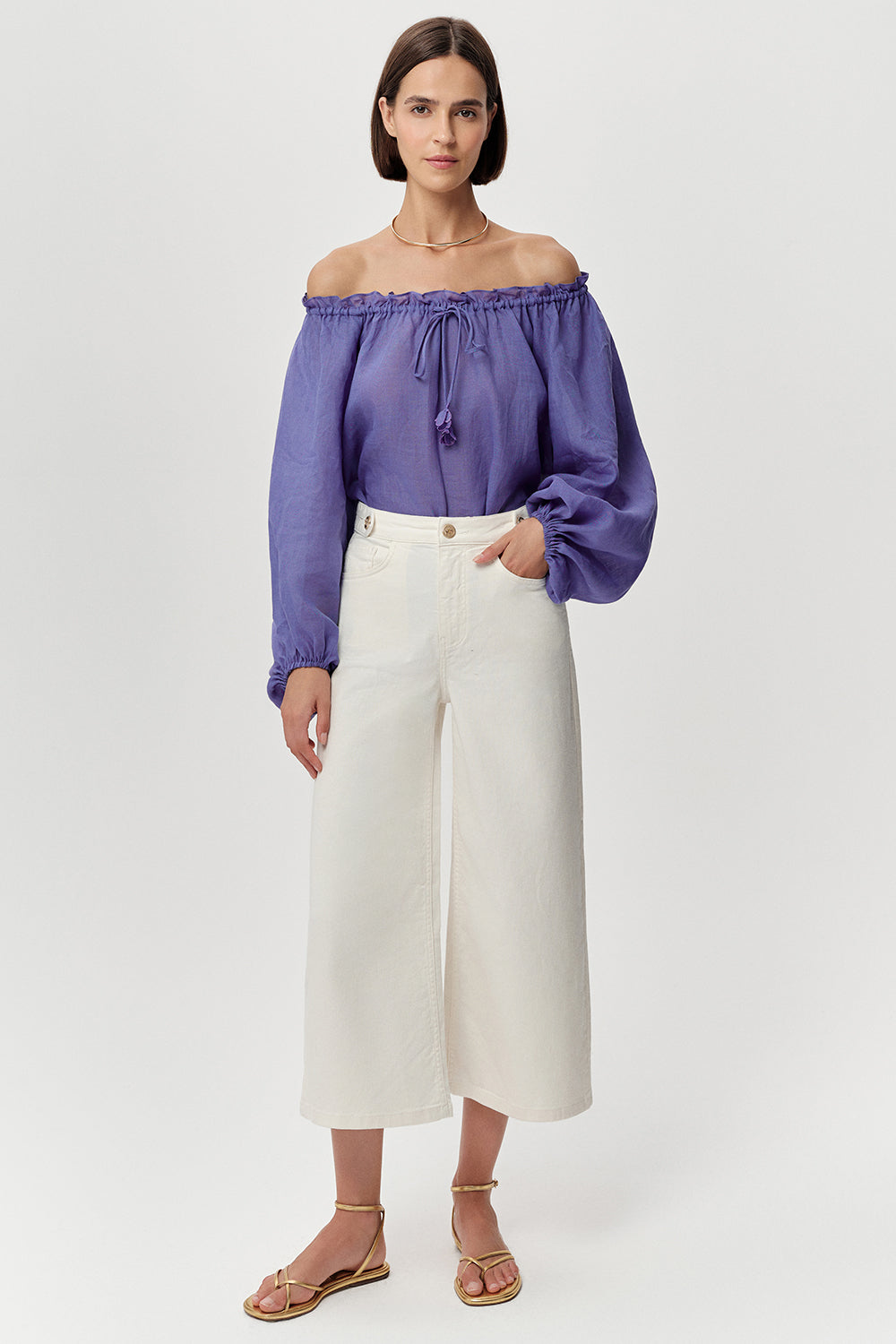 Yüksek Bel Cepli Regular Culotte Denim Beyaz Pantolon