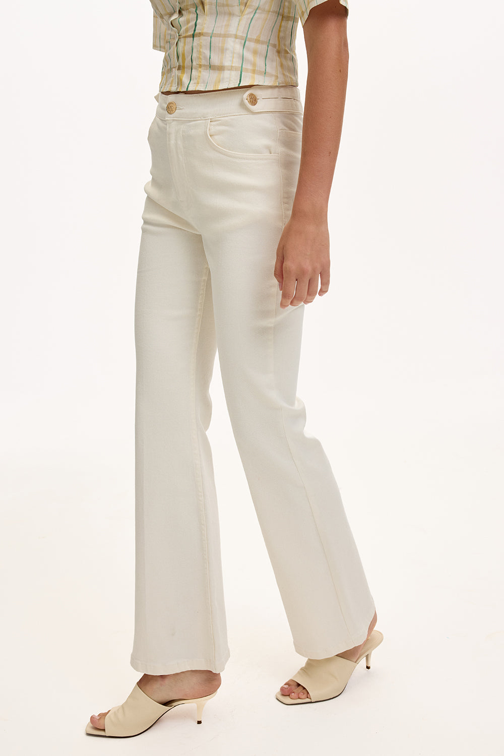 Cepli İspanyol Paça Yüksek Bel Regular Denim Beyaz Pantolon