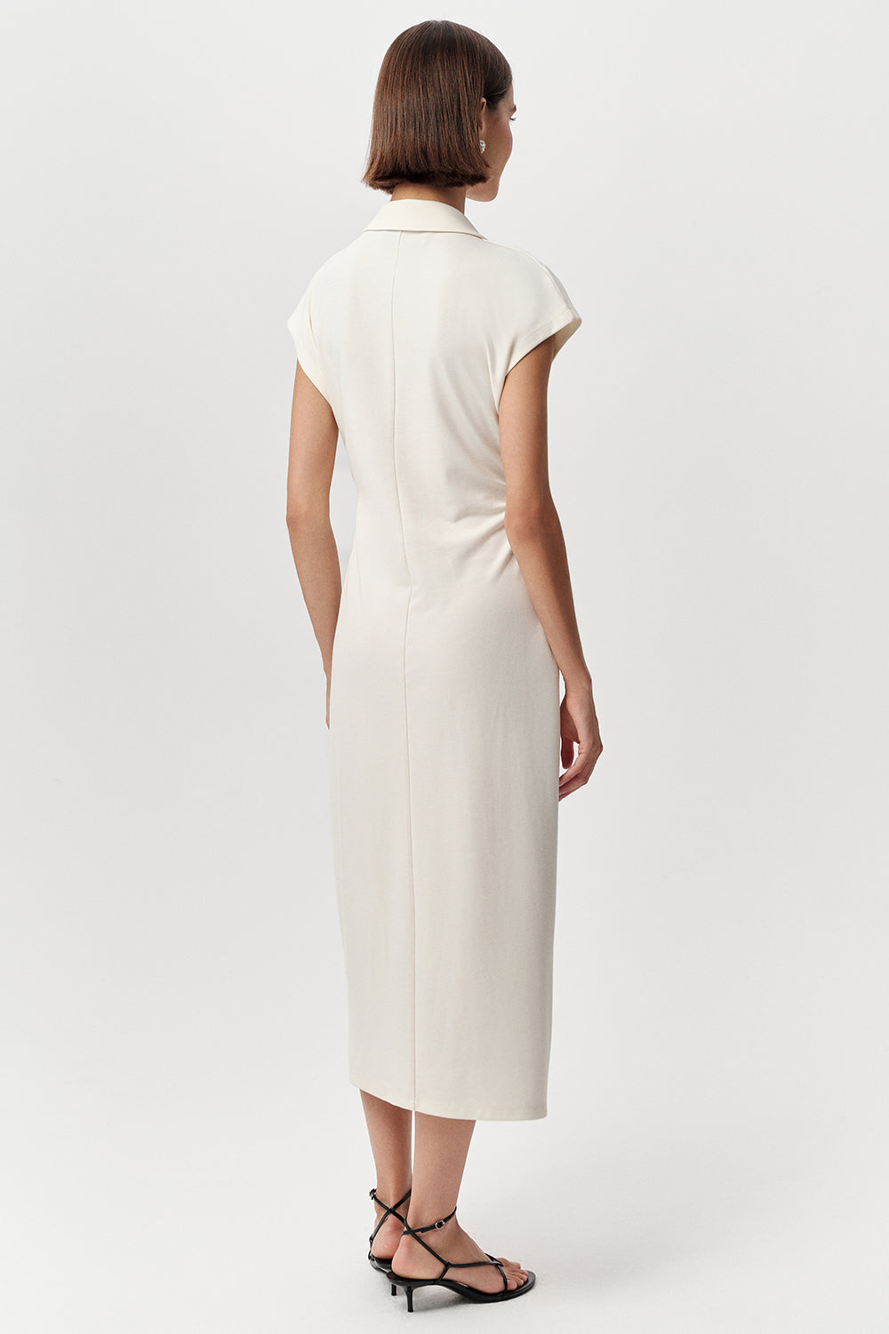 Gömlek Yaka Beli Büzgülü Düğmeli Midi Slim Fit Örme Kemik Elbise