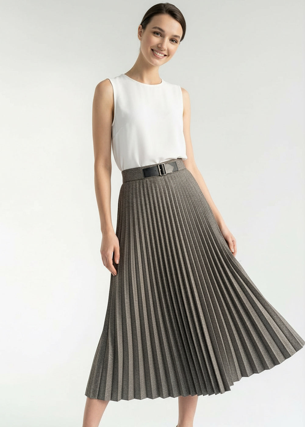 Balık Sırtı Desenli Pilisoley Yüksek Bel Tokalı Regular Midi Etek