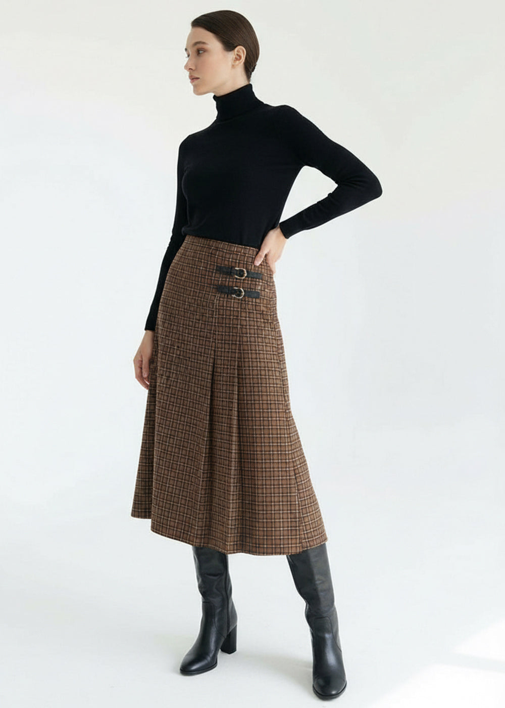 Çift Tokalı Ekose Desen Midi Dokuma Kloş Etek