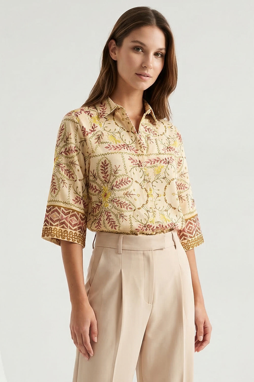 Gömlek Yaka Kısa Kollu Regular Rami Keten Çok Renkli Gömlek