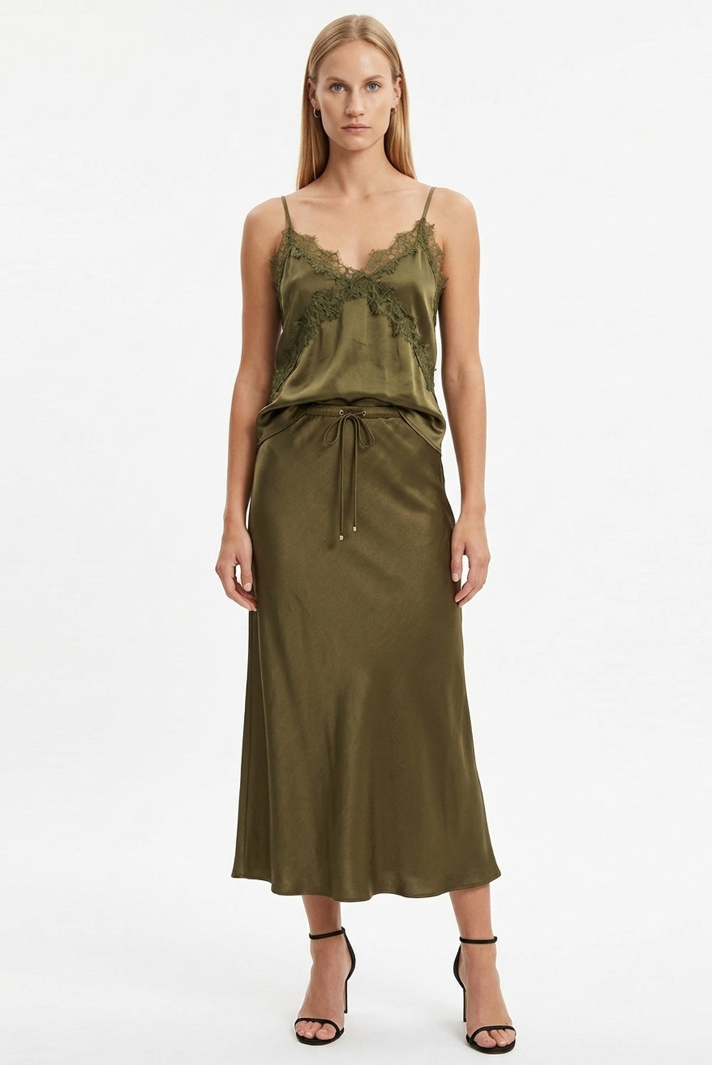 Saten Yüzeyli Bağcıklı Regular Dokuma Midi Etek