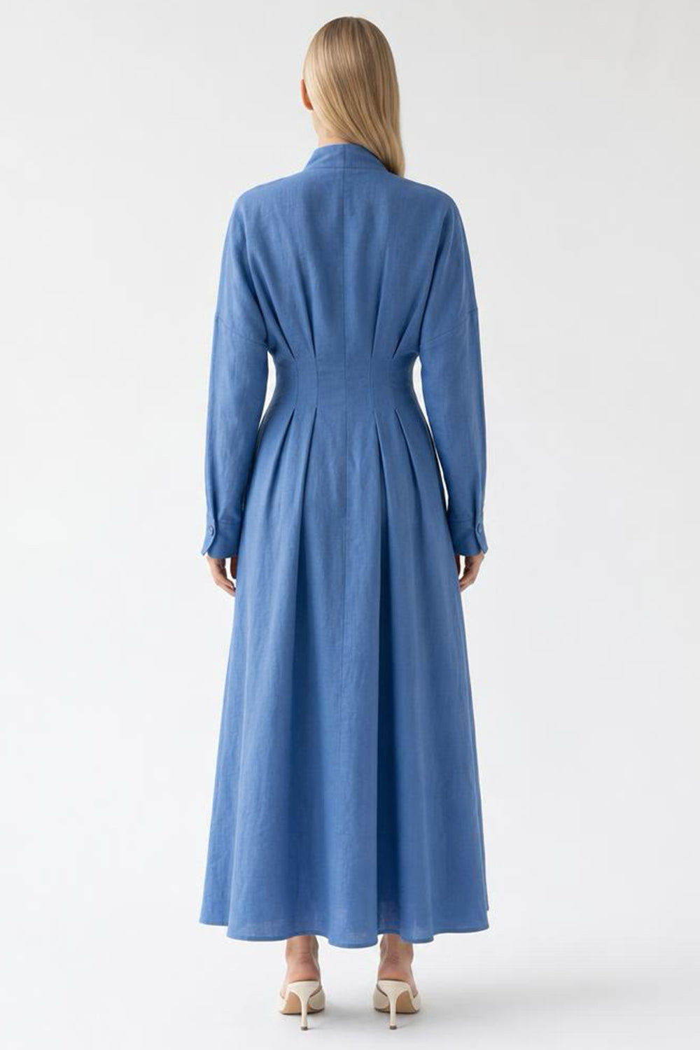 Uzun Kollu Bele Oturan V Yaka Slim Fit Keten Midi Elbise