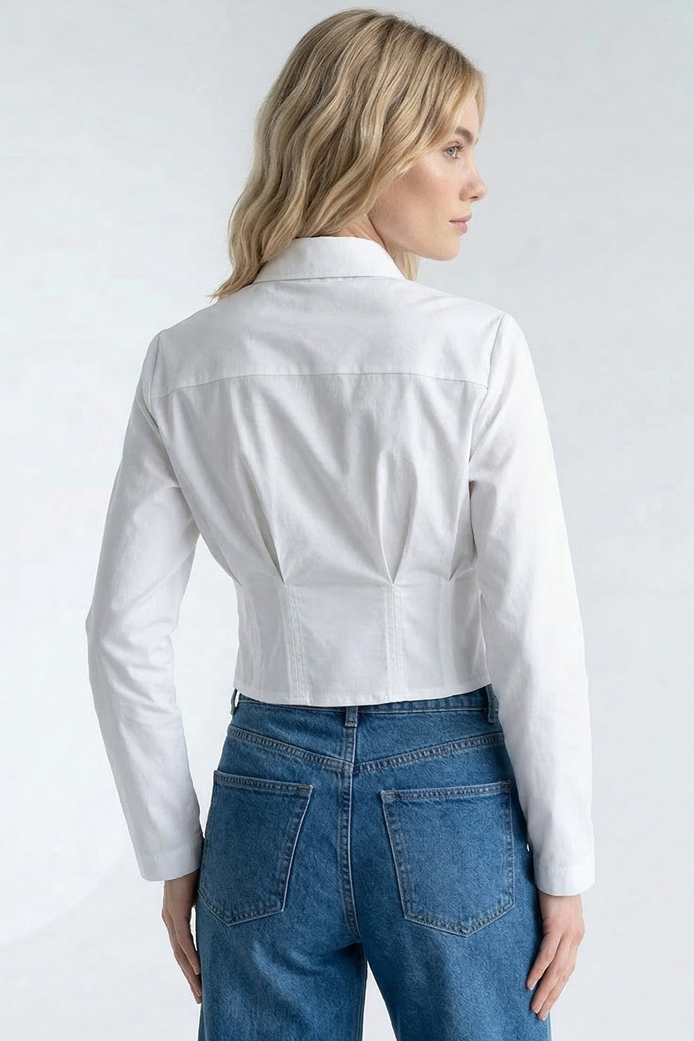 Gömlek Yaka Uzun Kollu Pile Detaylı Crop Regular Beyaz Gömlek