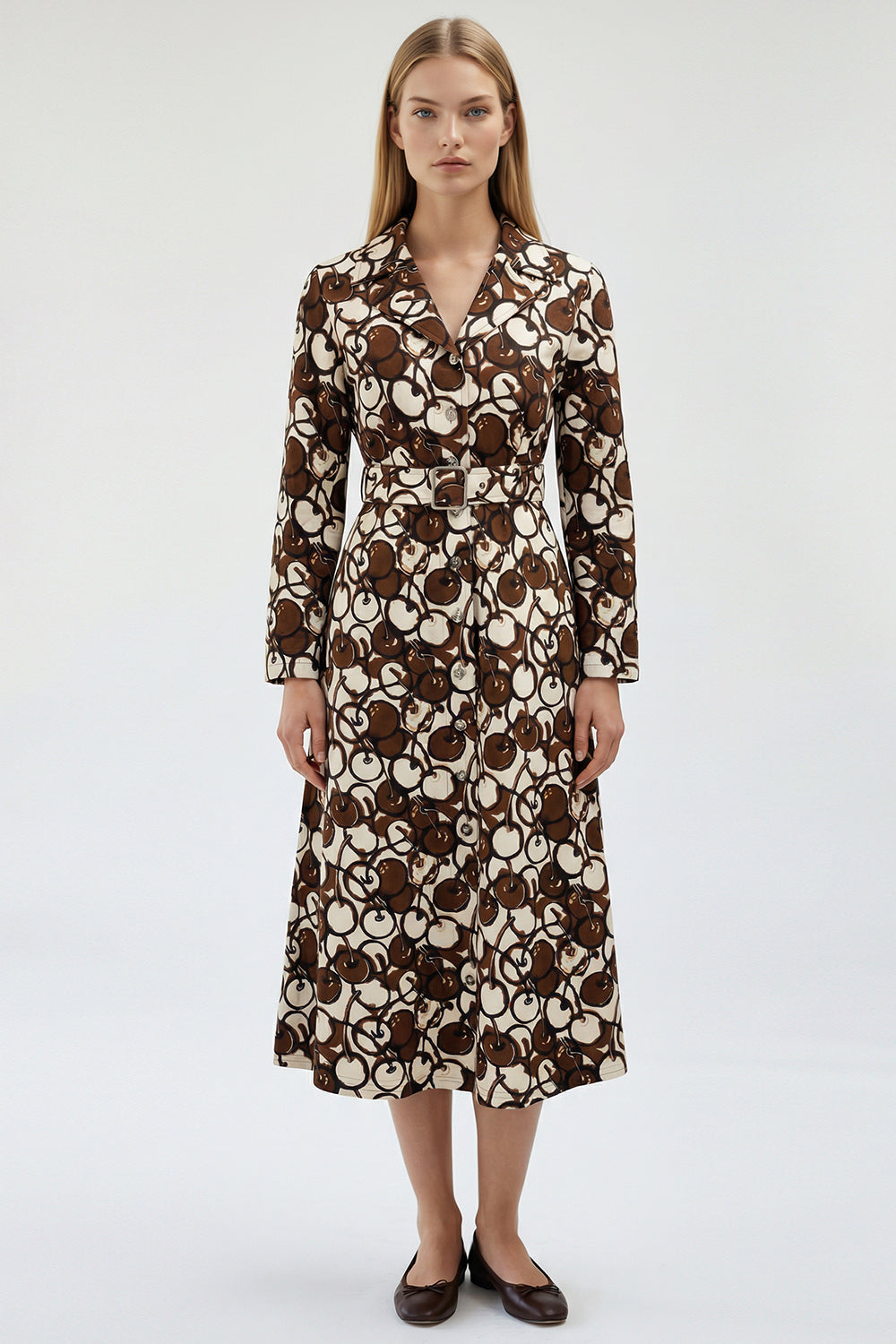 Uzun Kol Bele Oturan Önden Düğmeli Maksi Boy Kahverengi Elbise