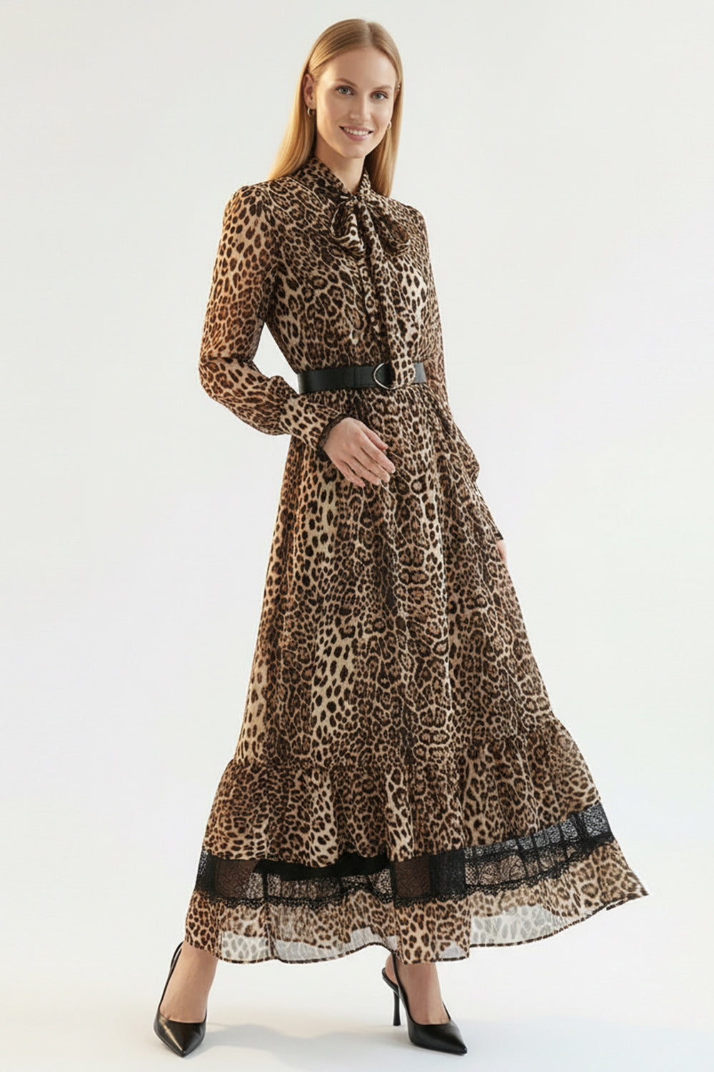 Leoper Desenli Kemerli Regular Maxi Çok Renkli Elbise