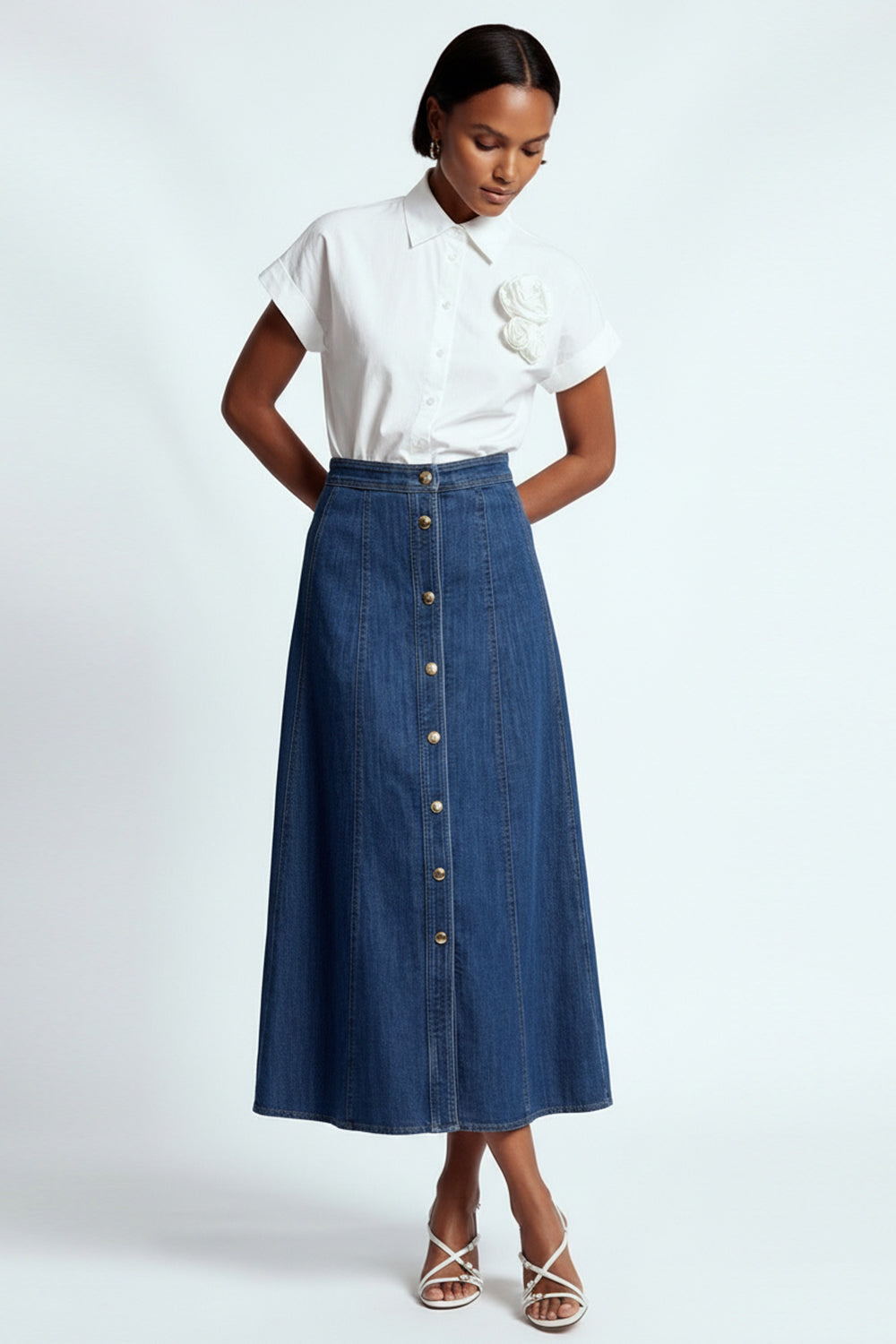 Evaze Önden Düğmeli Midi Boy Denim İndigo Etek