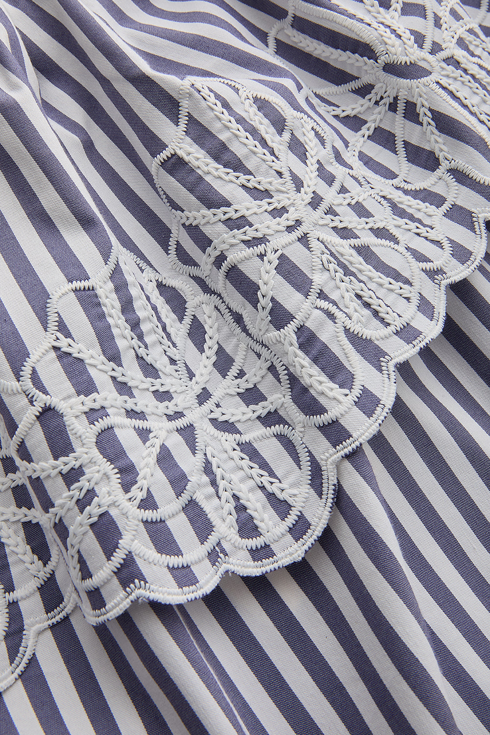 İşleme Detaylı Çizgili Omzu Açık Fırfırlı Midi Elbise