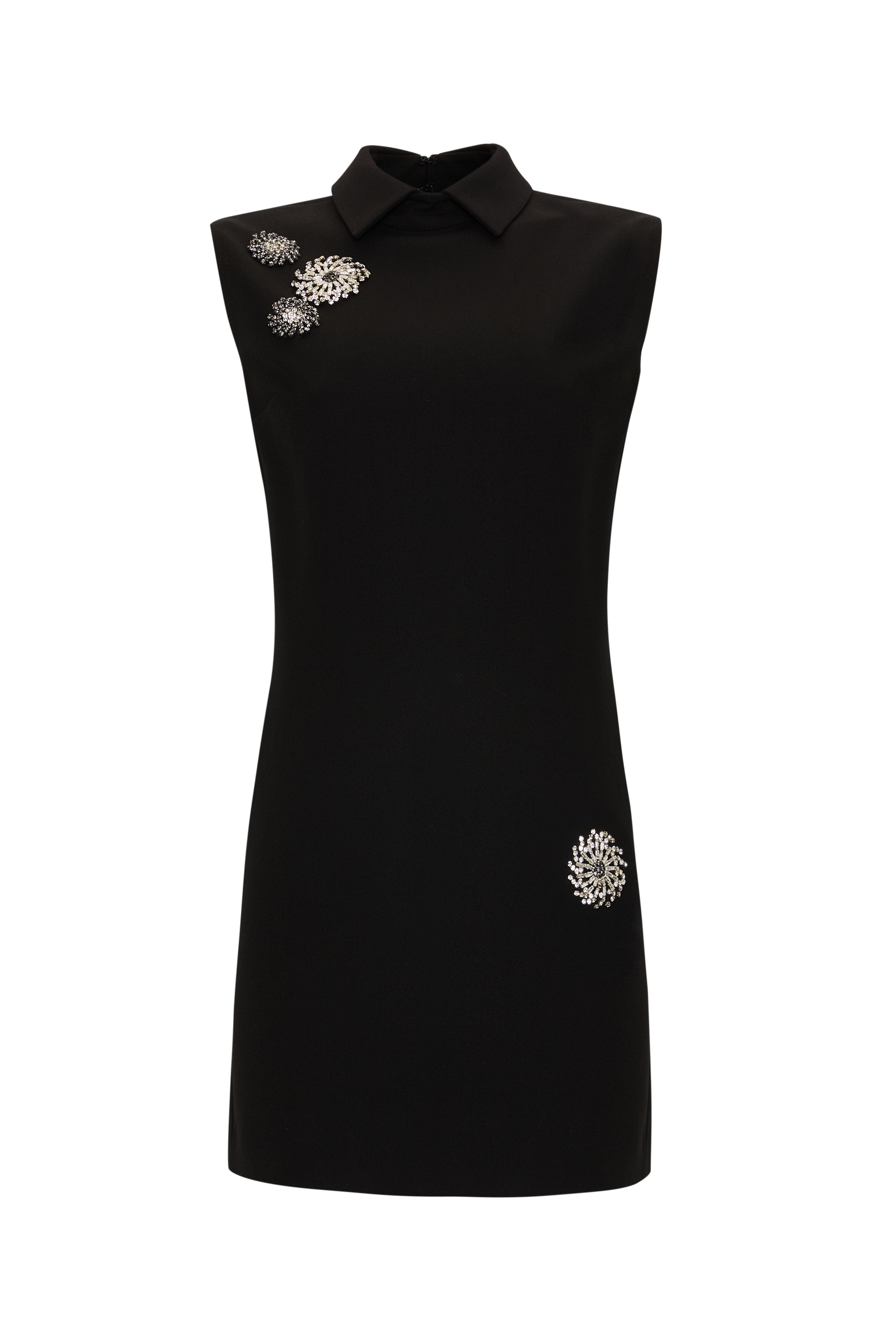 Gömlek Yaka Aksesuar İşlemeli Kolsuz Regular Mini Siyah Elbise