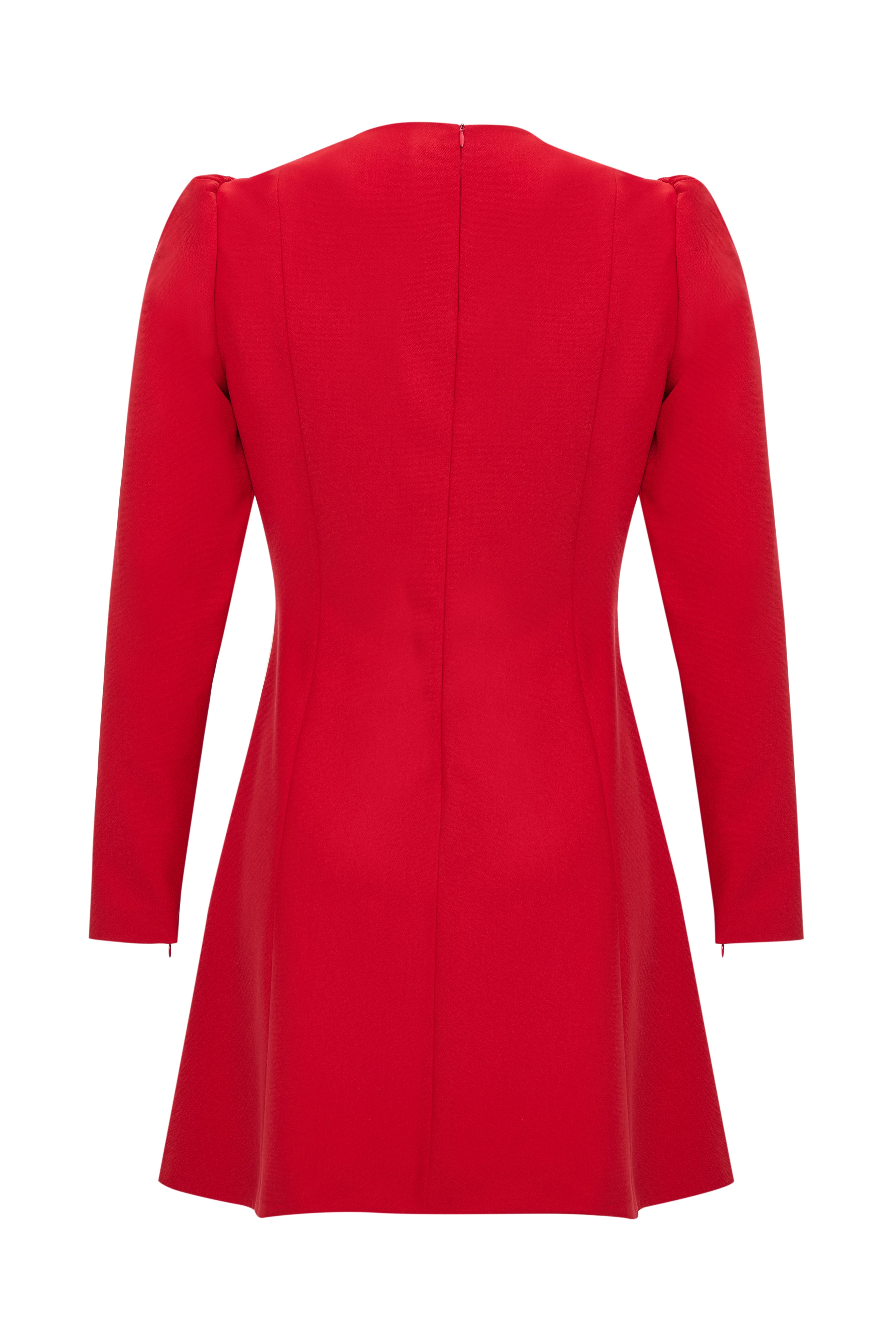 V Yaka Uzun Kollu Düğmeli Regular Mini Kırmızı Elbise
