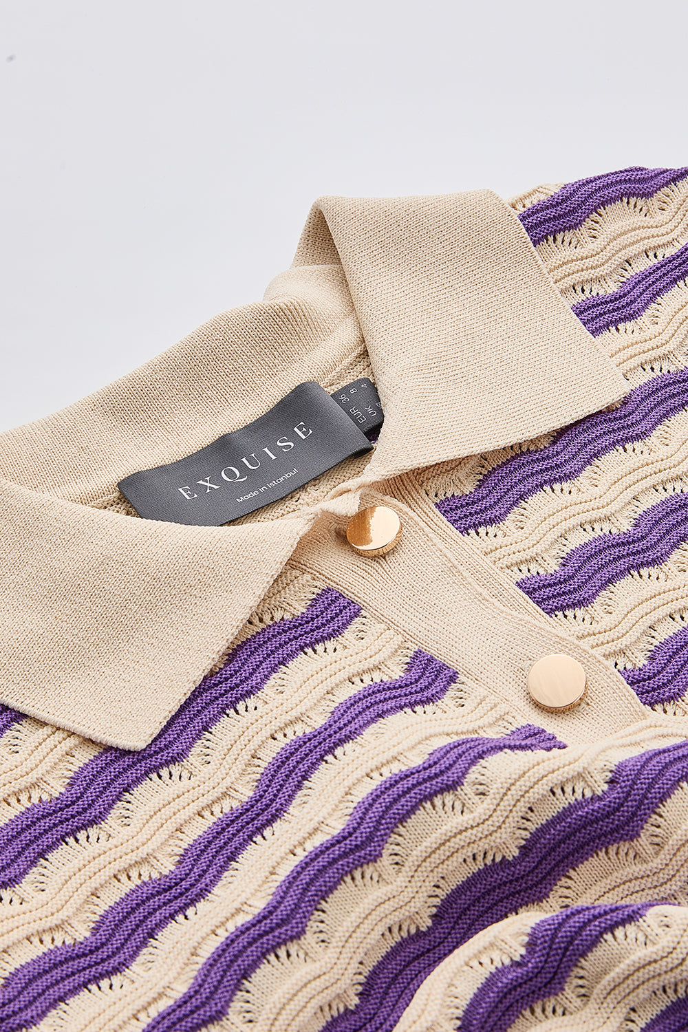 Polo Yaka Kısa Kollu Çizgili Regular Triko Bej Lila Bluz