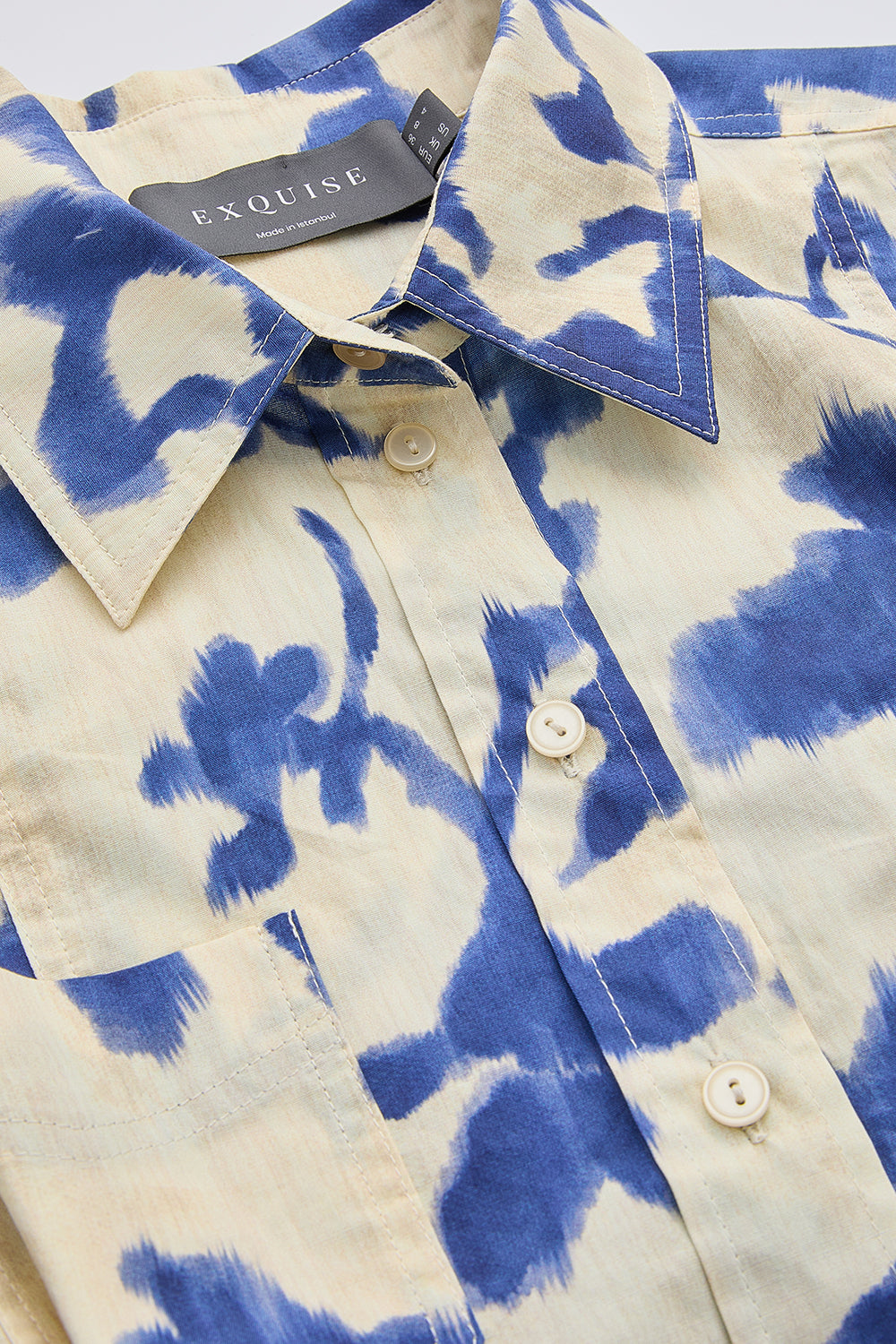 Gömlek Yaka Balon Kollu Bele Oturan Regular Krem Saks Gömlek