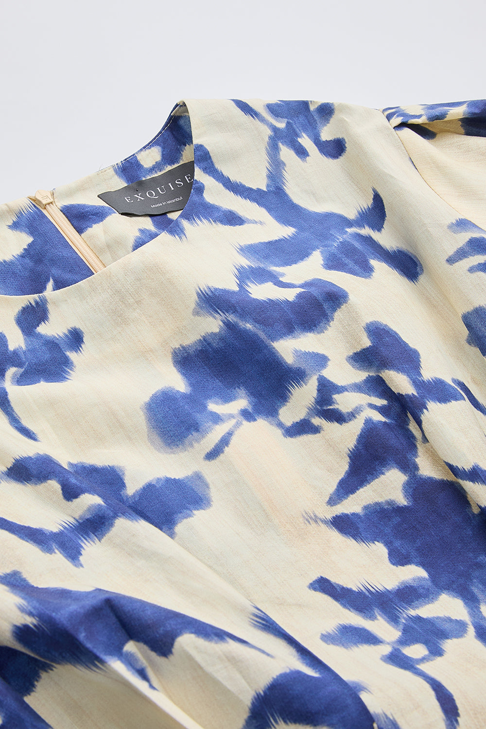 Balon Kollu Cepli Bele Oturan Fermuarlı Mini Saks Kemik Elbise