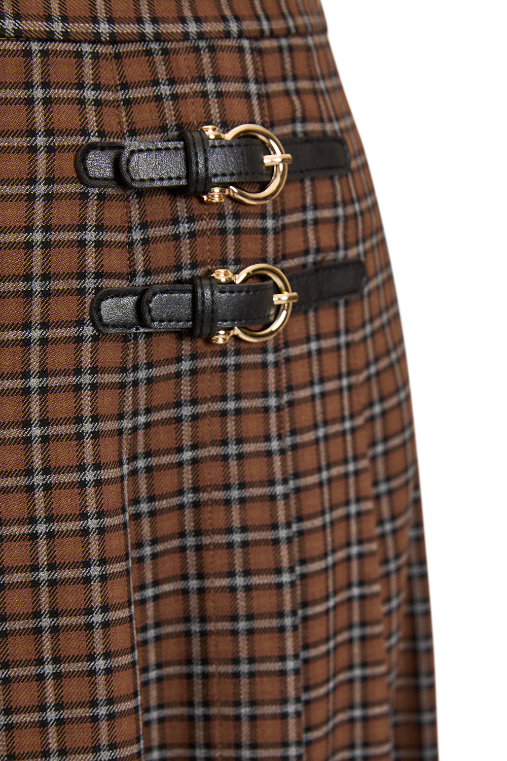 Çift Tokalı Ekose Desen Midi Dokuma Kloş Etek