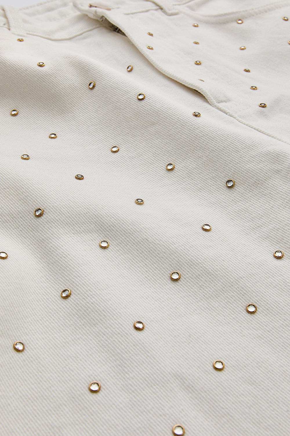 Taşlı Geniş Paça Yüksel Bel Regular Denim Beyaz Pantolon