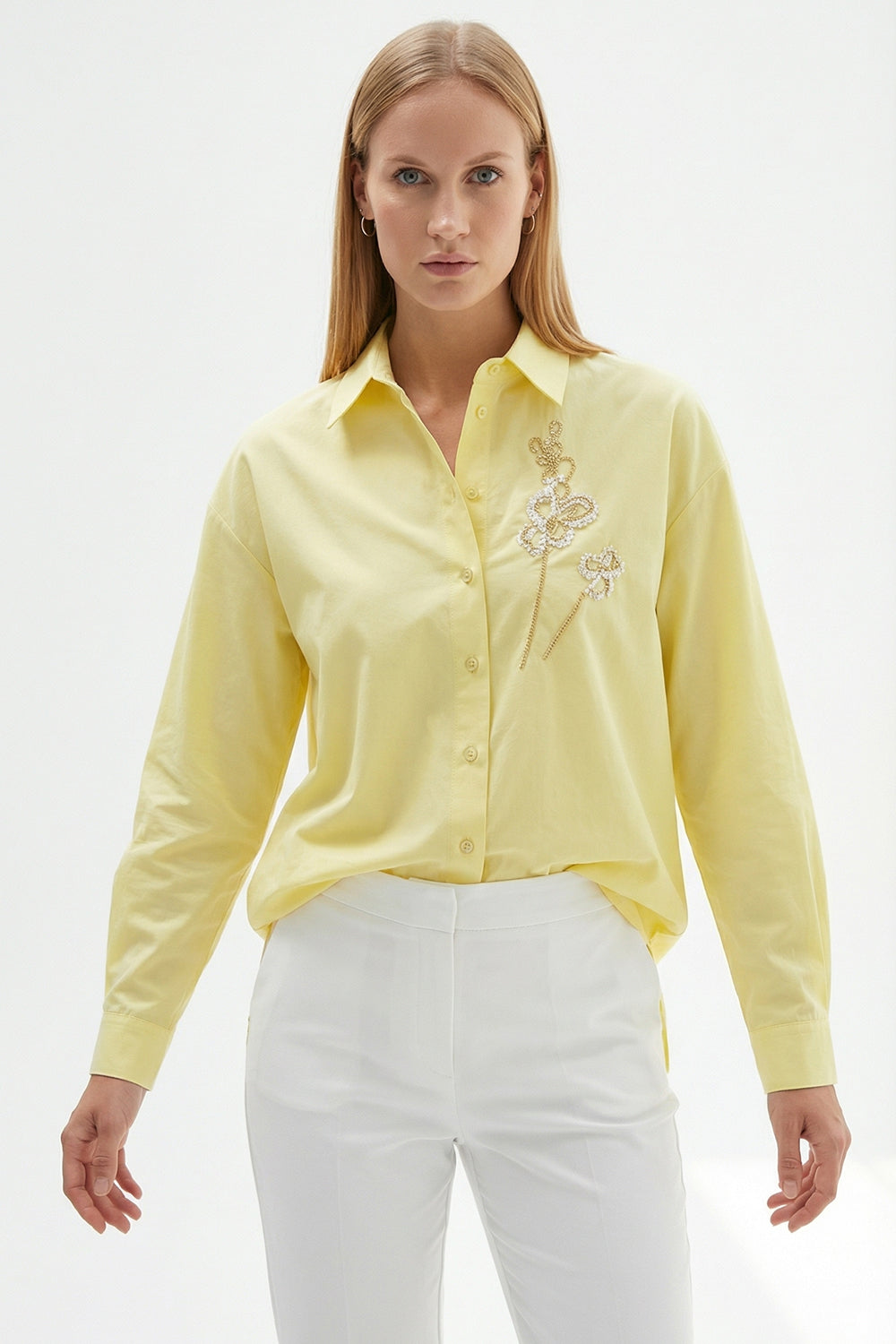 Gömlek Yaka Uzun Kollu Manşetli İşlemeli Regular Açık Sarı Gömlek