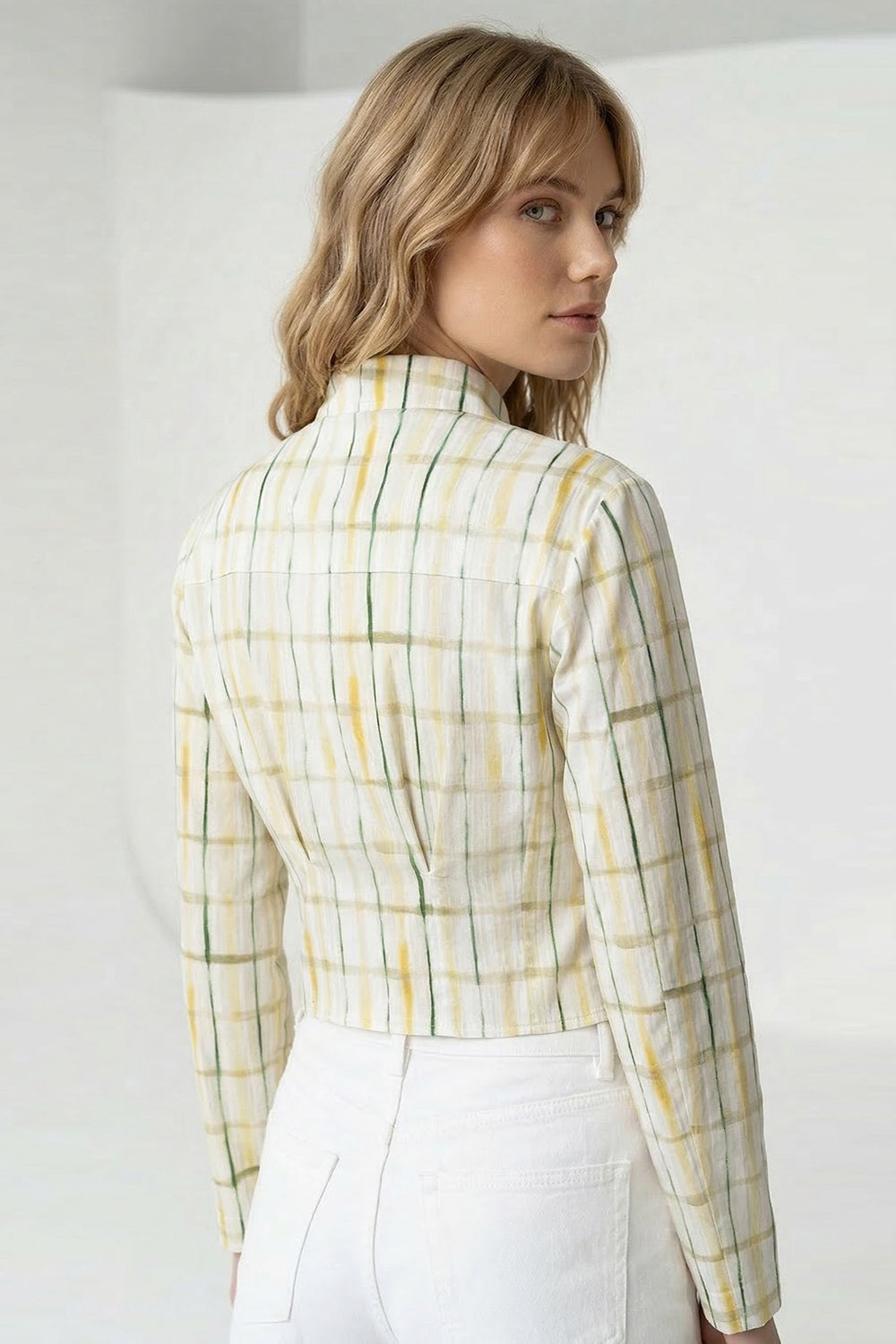 Gömlek Yaka Pile Detaylı Uzun Kollu Crop Regular Çok Renkli Gömlek