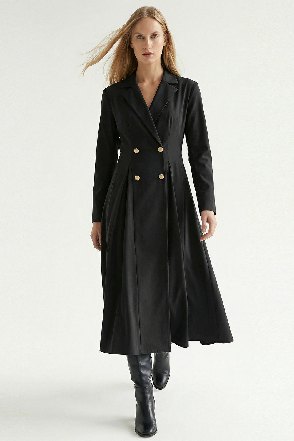 Gold Düğme Detaylı Kruvaze Dokuma Midi Blazer Elbise