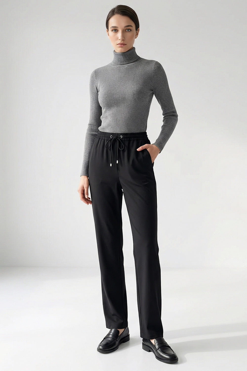 Bağcıklı Regular Örme Siyah Pantolon
