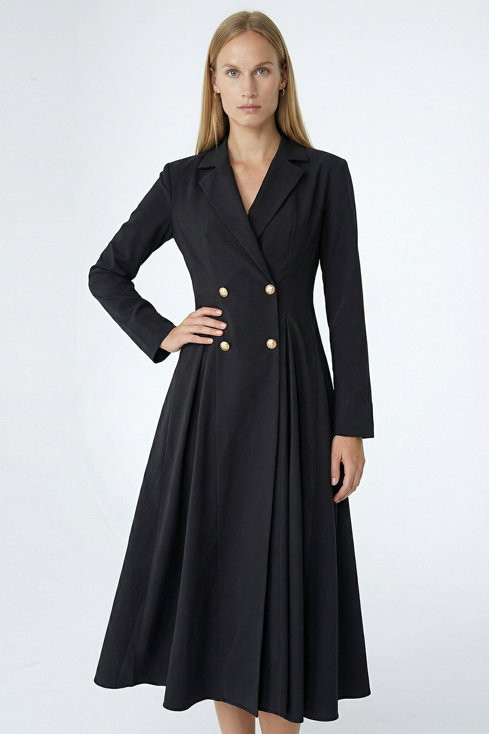 Gold Düğme Detaylı Kruvaze Dokuma Midi Blazer Elbise