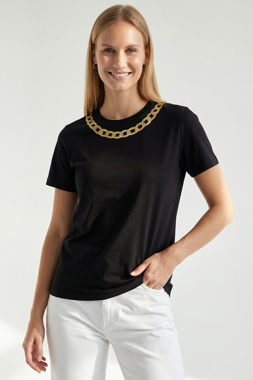 Gold İşleme Siyah Bisiklet Yaka Regular Pamuklu Örme Tişört