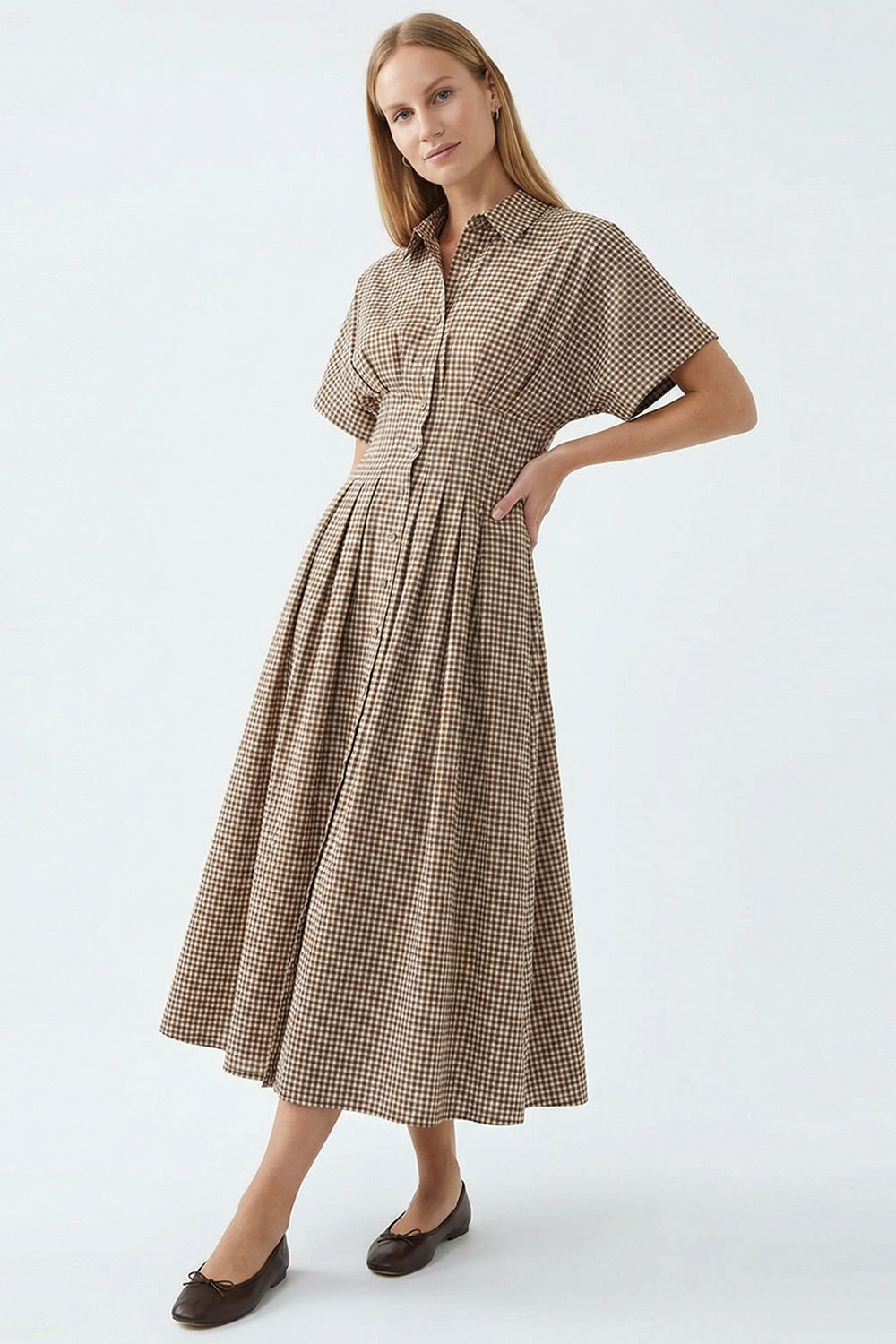 Kare Desenli Kısa Kollu Bel Vurgulu Regular Dokuma Gömlek Elbise