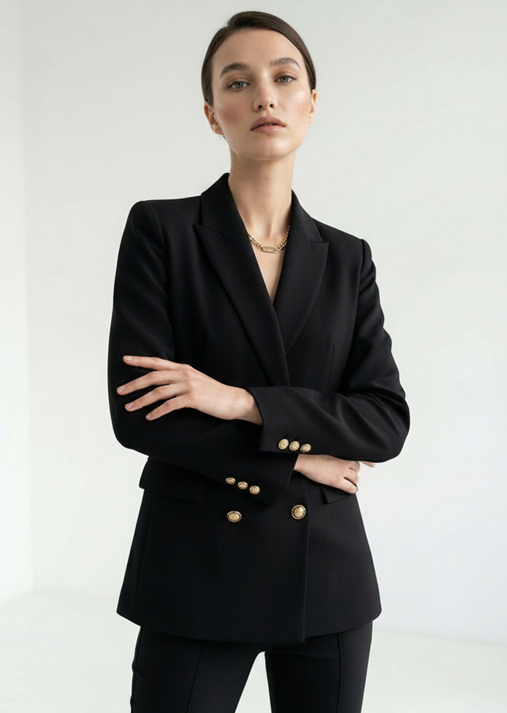 Gold Düğme Detaylı Kruvaze Dokuma Blazer Ceket