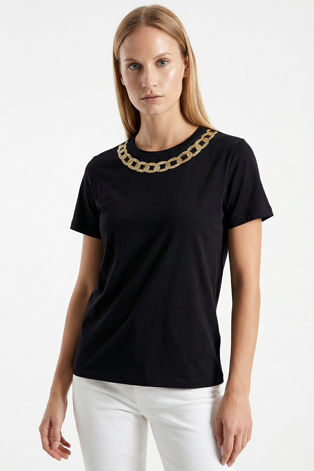 Gold İşleme Siyah Bisiklet Yaka Regular Pamuklu Örme Tişört