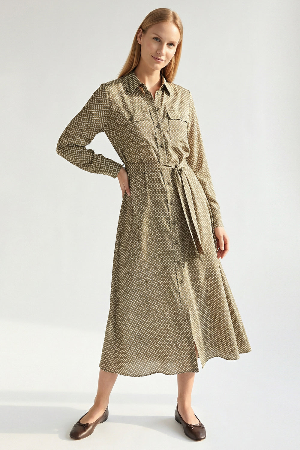 Desenli Uzun Kollu Regular Dokuma Gömlek Elbise