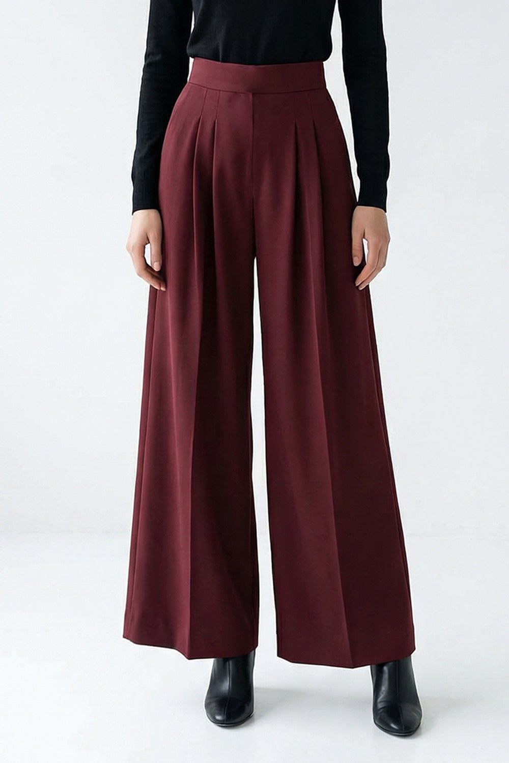 Pileli Yüksel Bel Geniş Paçalı Regular Cepli Kiremit Pantolon