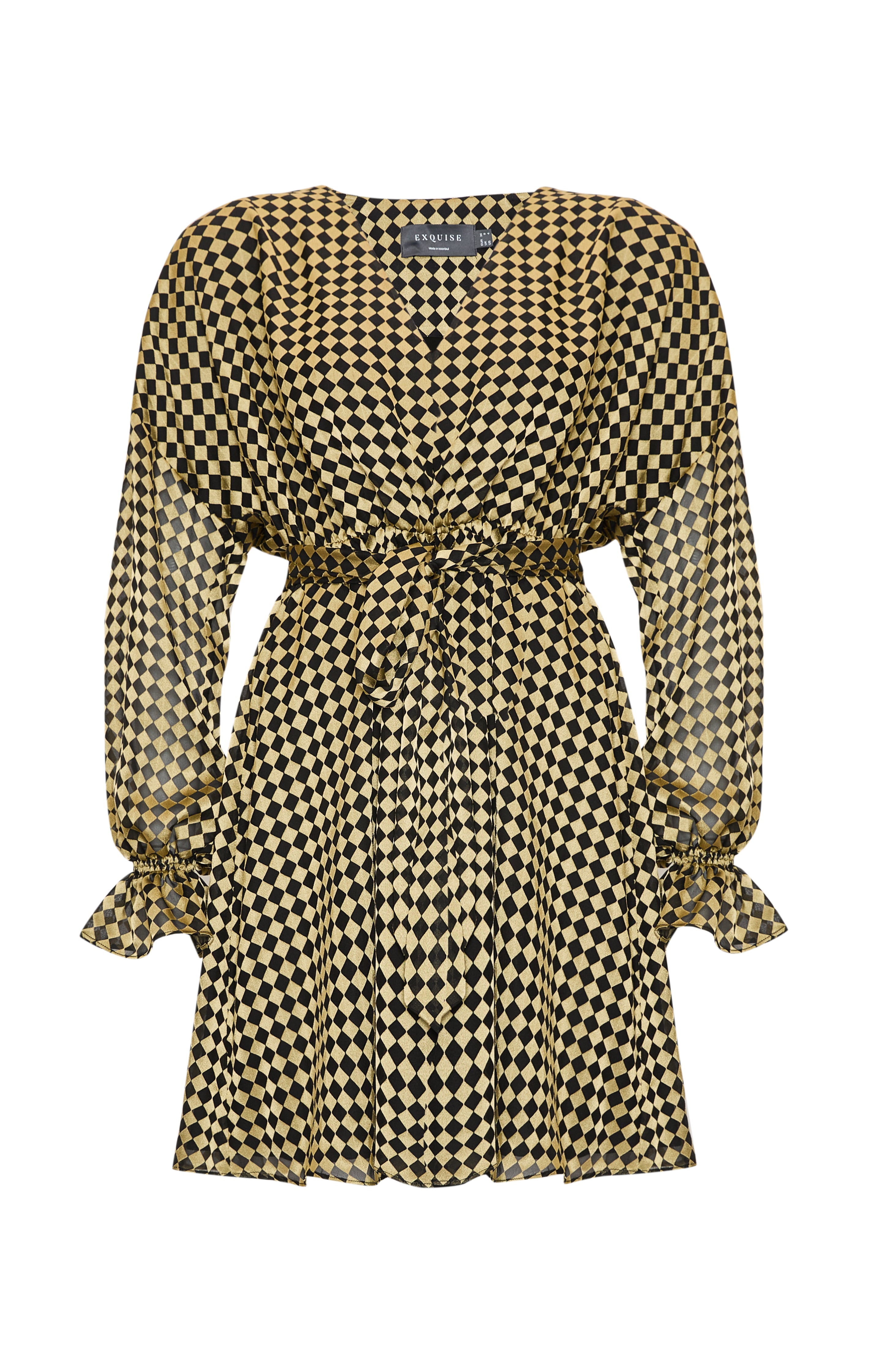 Beli Kuşaklı Uzun Kollu Regular Mini Gold Siyah Elbise