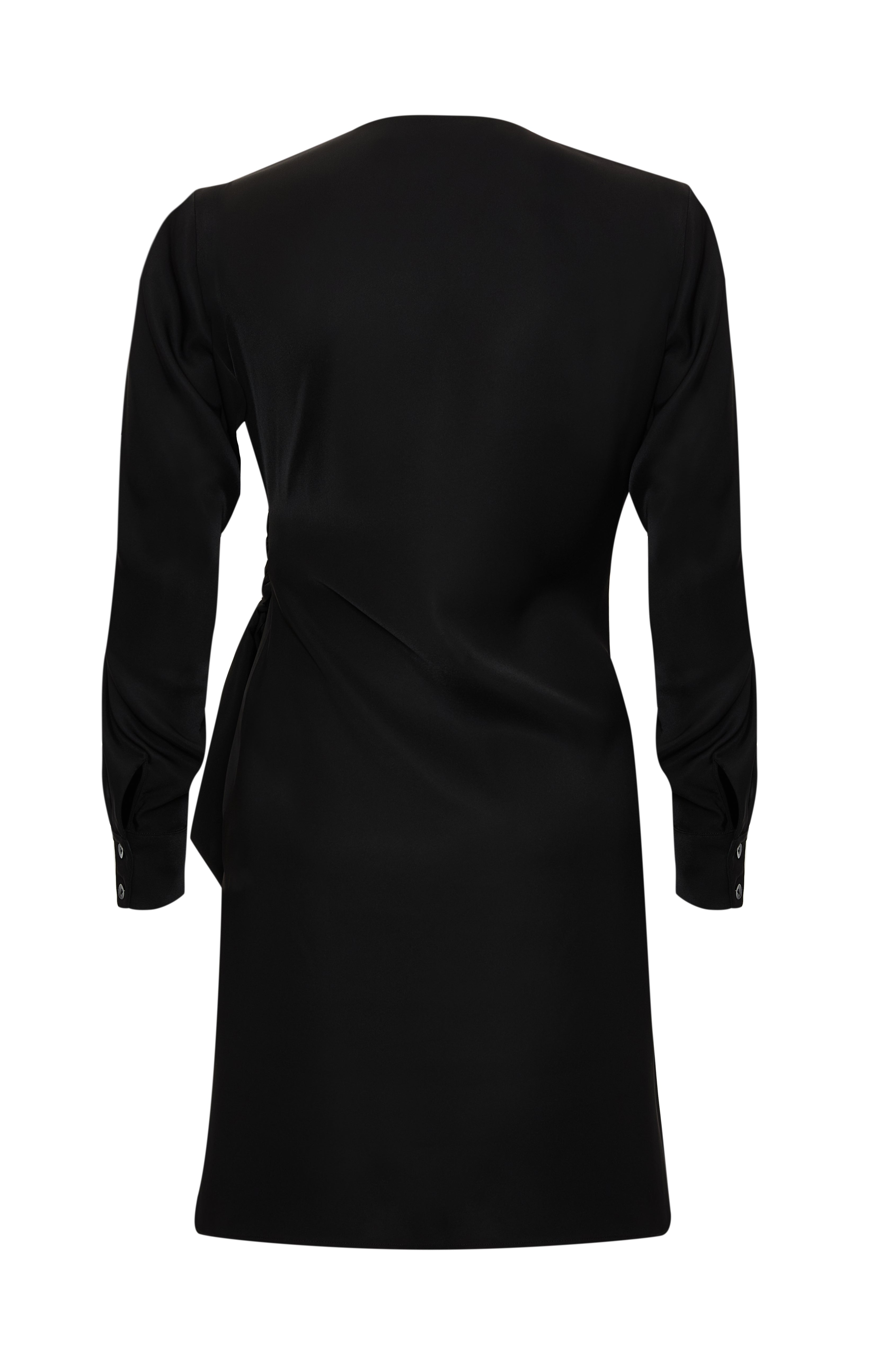 Kruvaze Yaka Beli Düğümlü Uzun Kollu Regular Mini Siyah Elbise