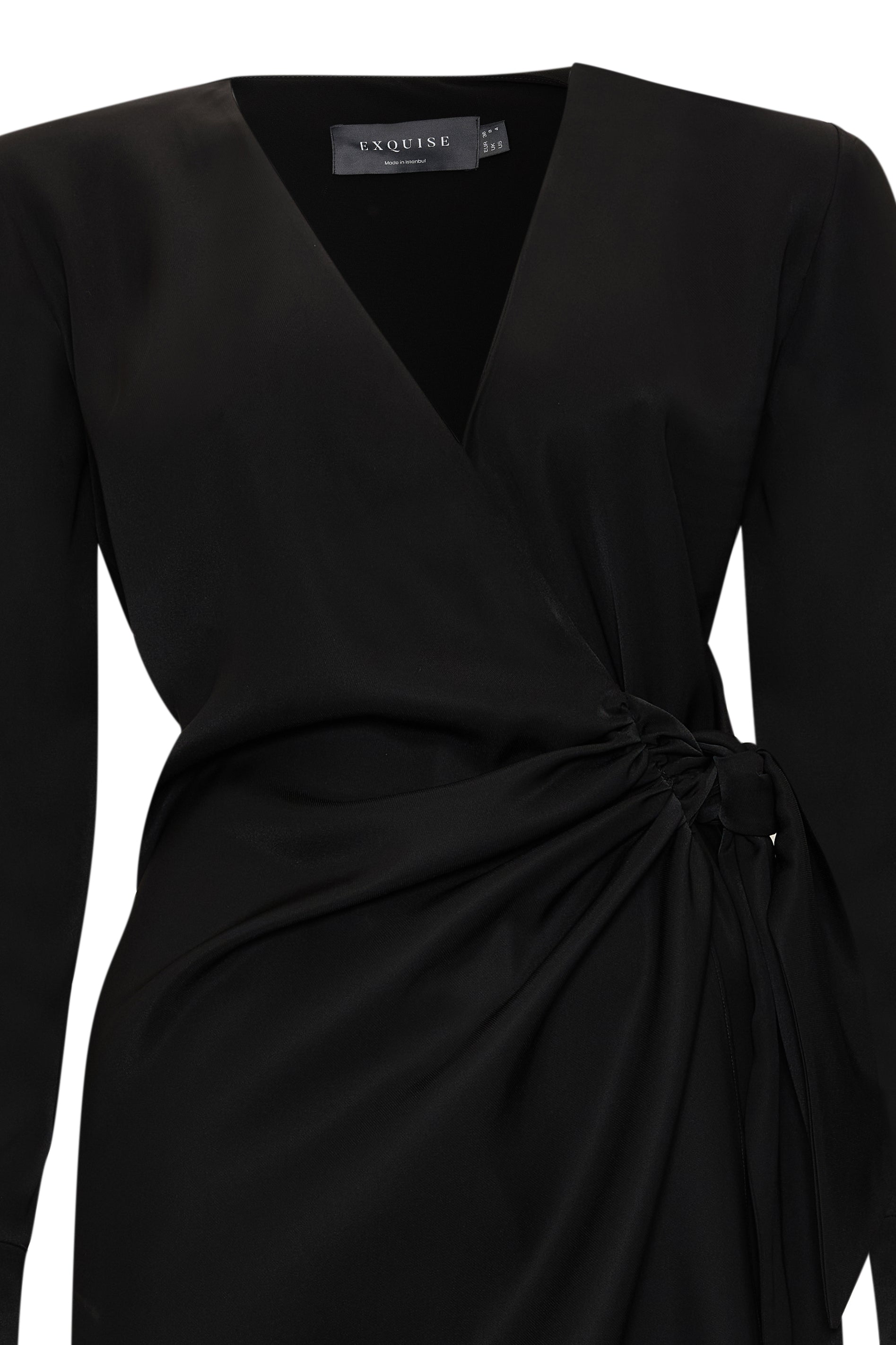 Kruvaze Yaka Beli Düğümlü Uzun Kollu Regular Mini Siyah Elbise