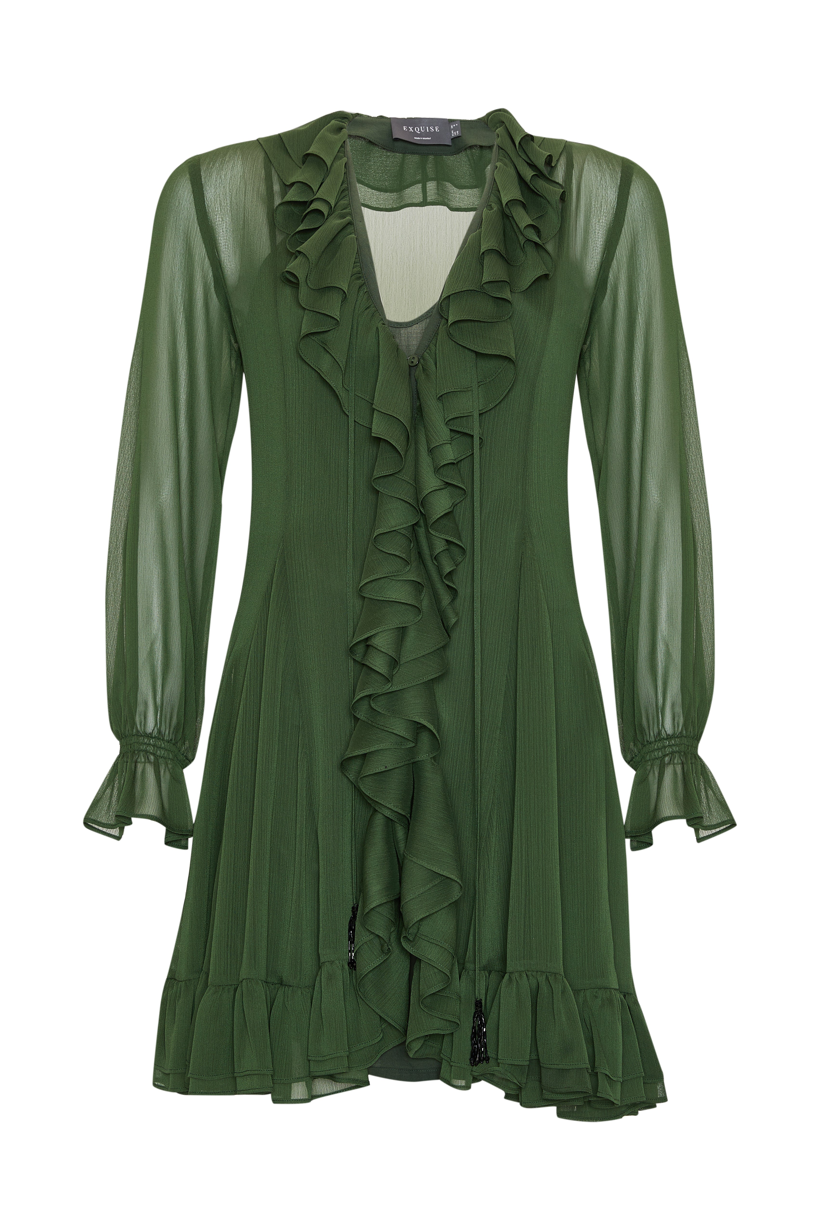 Fırfırlı V Yaka Uzun Kollu Regular Astarlı Mini Şifon Yeşil Elbise