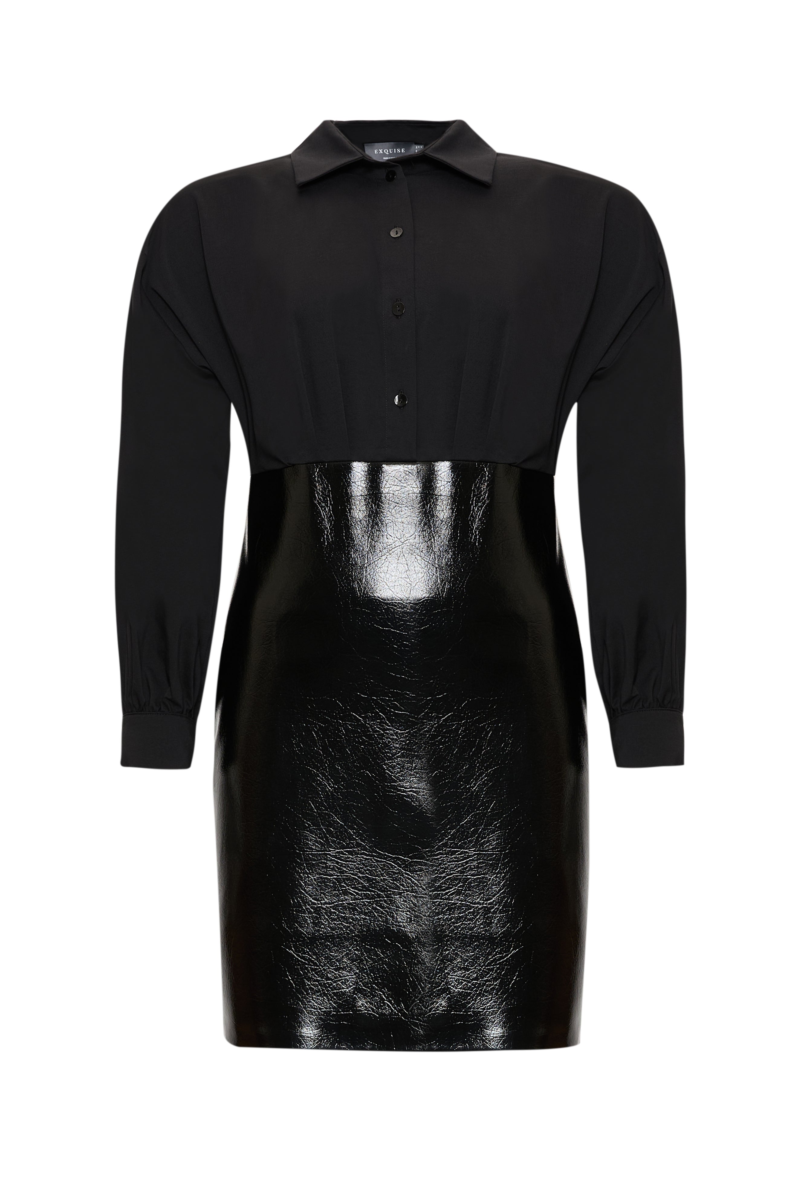 Gömlek Yaka Eteği Deri Slim Fit Mini Siyah Elbise